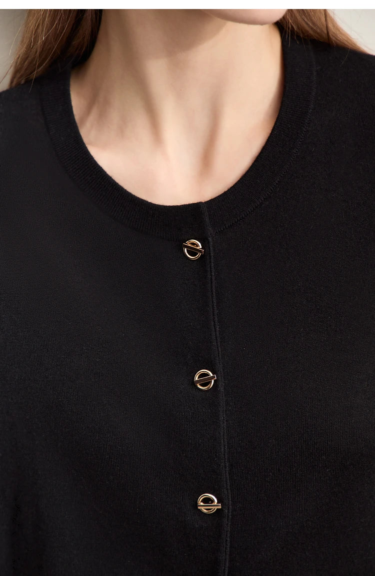 Damen-Strickjacke Rundhals Wolle Metallknopf dünn Büro Herbst