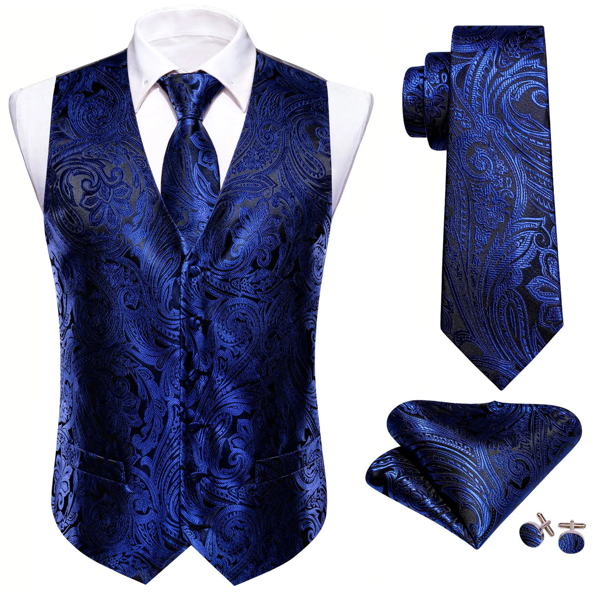 Elegante Jacquard-Herrenweste in Dunkelblau mit Krawatte, Einstecktuch und Manschettenknöpfen.