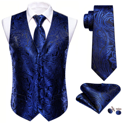 Elegante Jacquard-Herrenweste in Dunkelblau mit Krawatte, Einstecktuch und Manschettenknöpfen.