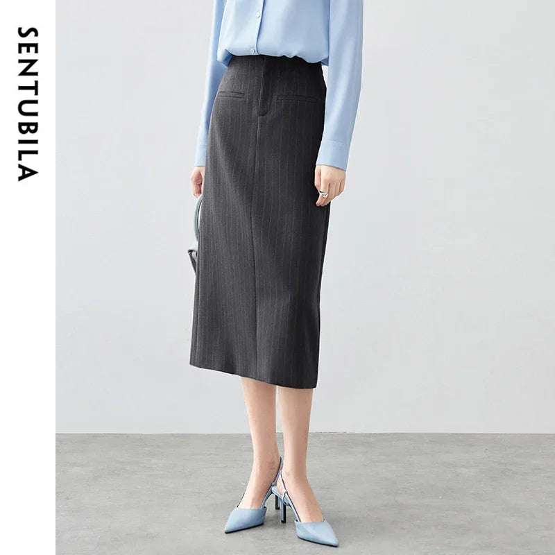 Damen Gestreifter Anzugrock im High-Taille Design mit Schlitz für Büroarbeit