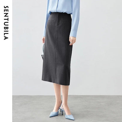 Damen Gestreifter Anzugrock im High-Taille Design mit Schlitz für Büroarbeit