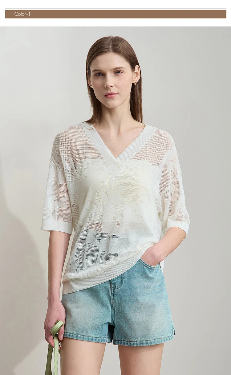 Damen-Strickpullover mit V-Ausschnitt, kurzarm, locker, helle Cremefarben, Frontansicht