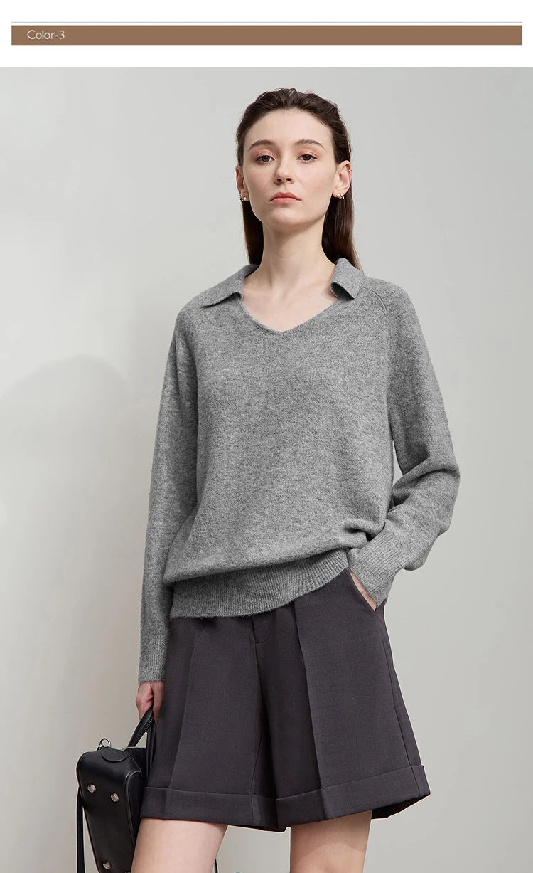 Grauer Damen-Strickpullover mit V-Ausschnitt, langarmig, Vorderansicht