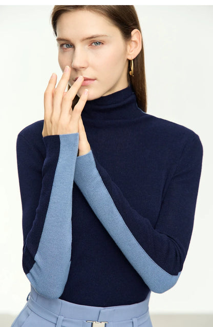 Damen-Rollkragenpullover Wolle-Mix Patchwork schlank Winter