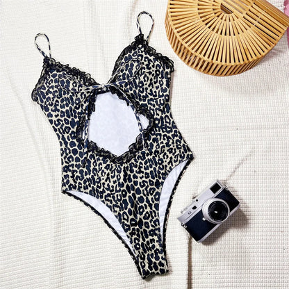 Damen Badeanzug Cut-Out Rüschen Leopard Monokini hoher Beinausschnitt gepolstert