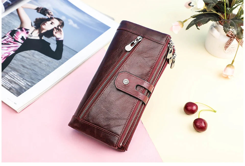 Damen Echtleder Lange Geldbörse Vintage Clutch Reißverschluss Handytasche Kartenhalter
