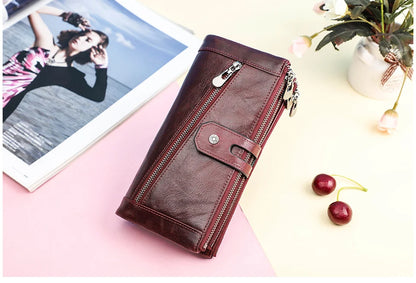 Damen Echtleder Lange Geldbörse Vintage Clutch Reißverschluss Handytasche Kartenhalter
