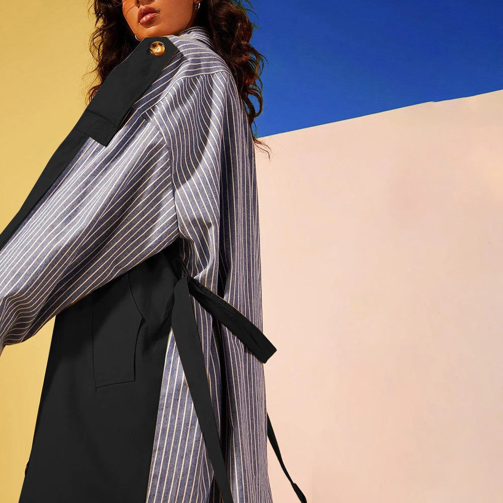Colorblock-Denim-Blazer für Damen mit Notch-Kragen und Kettendetail – Langarm-Patchwork-Design für einen schicken Look