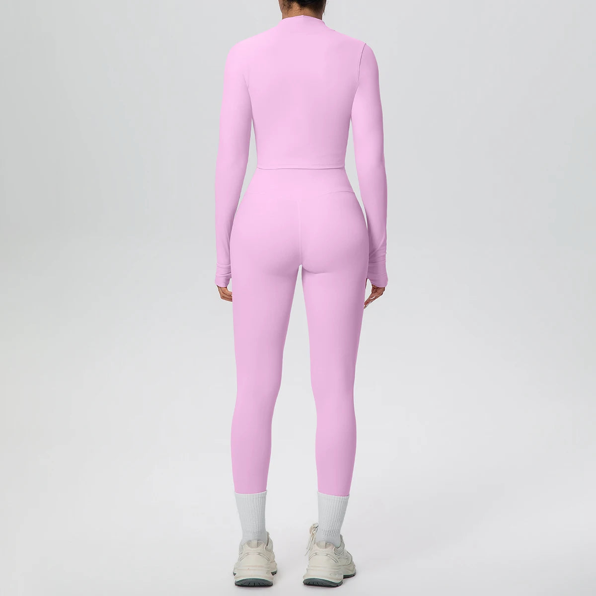 Rosa Yoga-Set mit High-Waist-Leggings und Zip-Top, Rückansicht