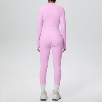 Rosa Yoga-Set mit High-Waist-Leggings und Zip-Top, Rückansicht