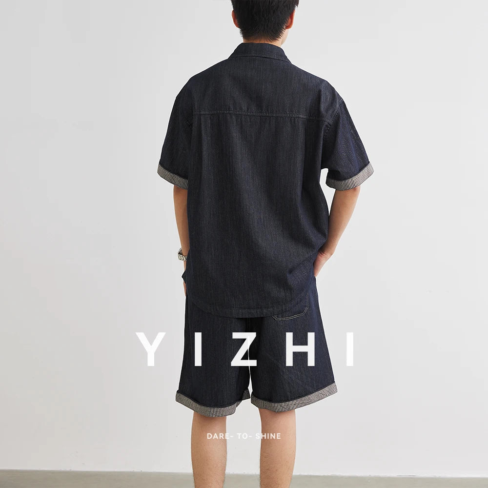 Männer Denim Anzug mit Revers Kurzarm Shirt und Shorts im Casual-Stil