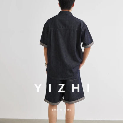 Männer Denim Anzug mit Revers Kurzarm Shirt und Shorts im Casual-Stil