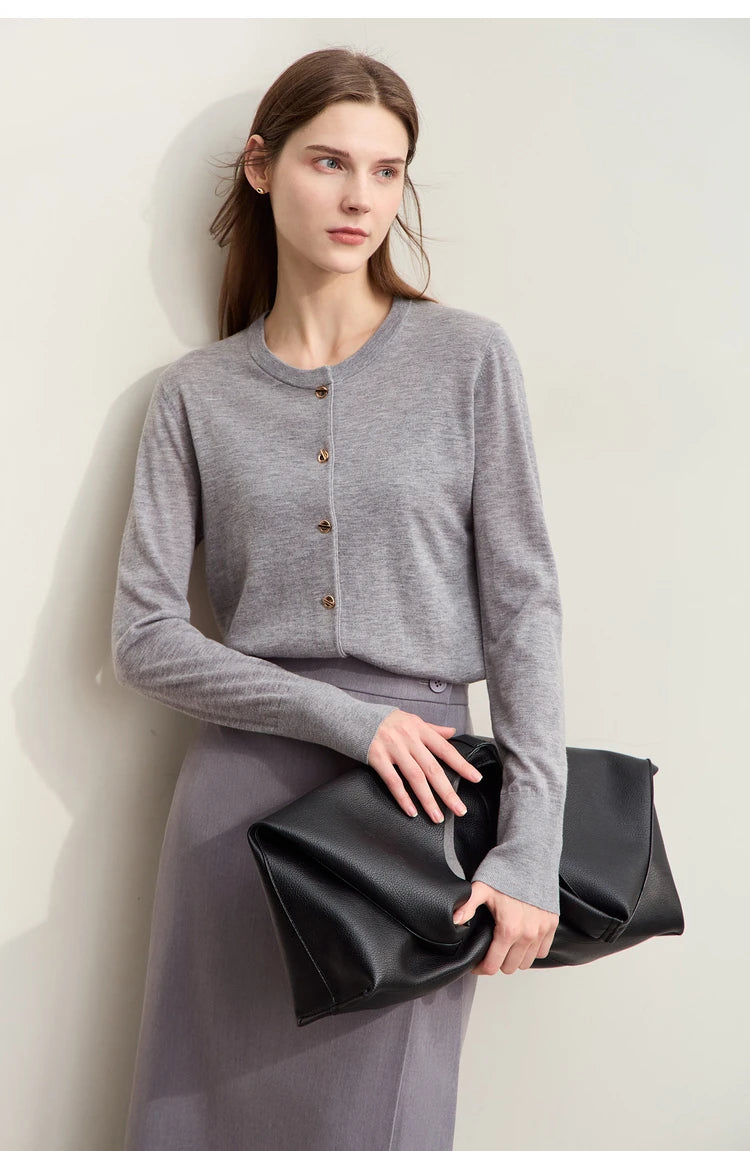 Damen-Strickjacke Rundhals Wolle Metallknopf dünn Büro Herbst