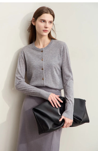 Damen-Strickjacke Rundhals Wolle Metallknopf dünn Büro Herbst