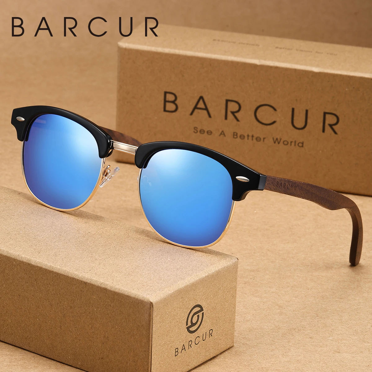Sonnenbrille Halbrahmen Retro rund UV400 polarisiert Walnuss-Bügel