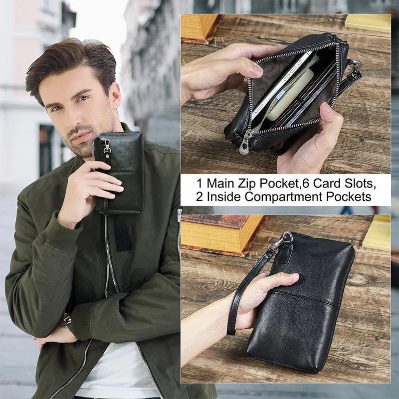 Schwarze Echtleder-Handtasche mit Reißverschluss, offen mit Kartenfächern sichtbar