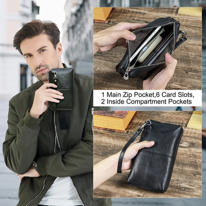 Schwarze Echtleder-Handtasche mit Reißverschluss, offen mit Kartenfächern sichtbar