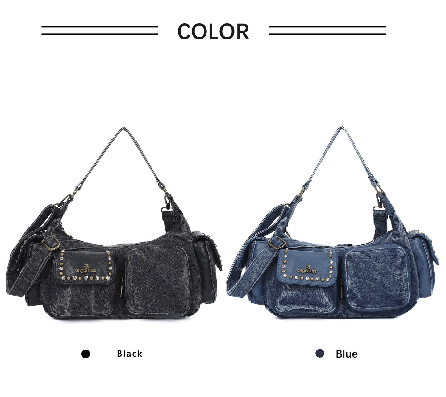 Damen-Schultertasche aus Denim und Canvas mit Reißverschluss und großem Hauptfach und Smartphonefach