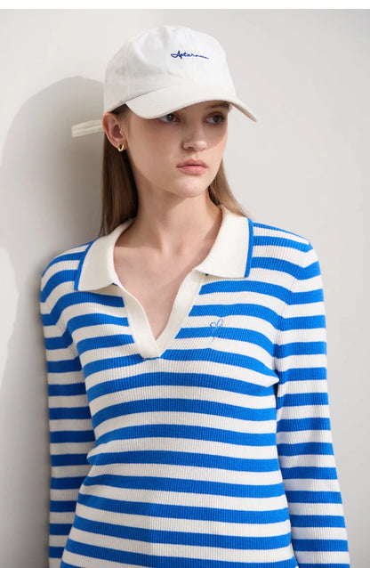 Damen V-Ausschnitt Pullover Streifen Stickerei Polo Kontrastfarben Herbst