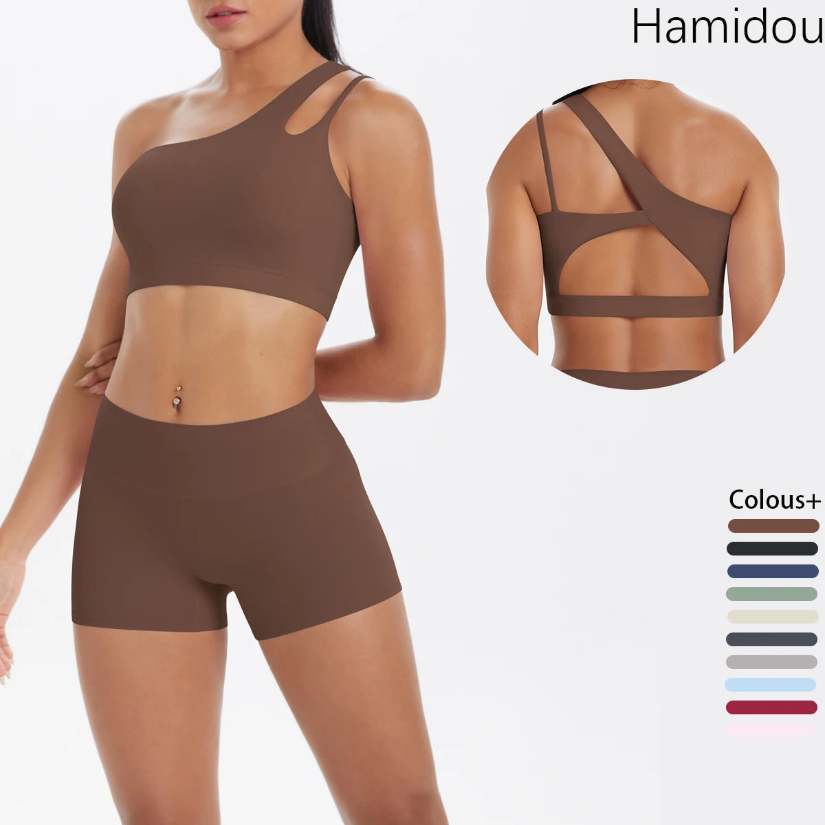 Frauen-Yoga-Set: einfarbig braunes High-Waist Top und Shorts mit Racerback