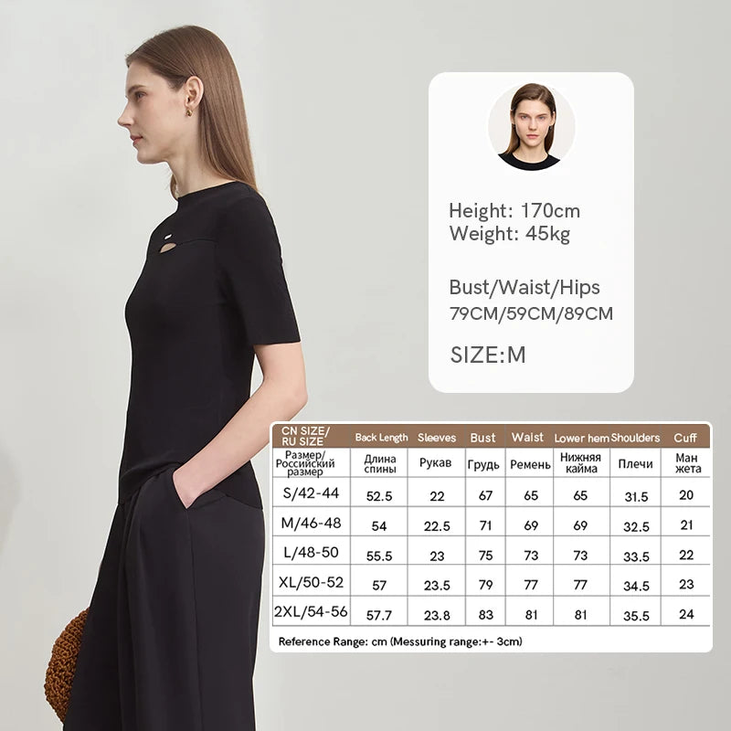 Kurzärmeliger Sommerpullover mit Stehkragen, glatter Strick, schwarzes Damenoberteil