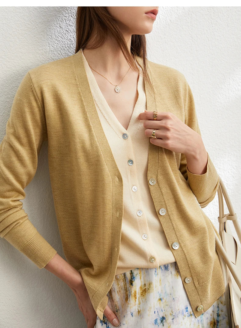 Damen-Strickjacke V-Ausschnitt dünn locker Patchwork Sommer