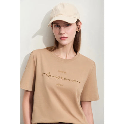 Damen T-Shirts im Minimalismus-Stil mit Kurzarm und Buchstaben-Stickerei
