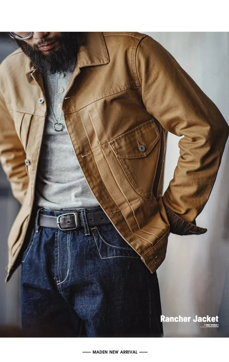 Herren Jeansjacke Vintage schwere Canvas Rancherjacken mit Kragen und Taschen