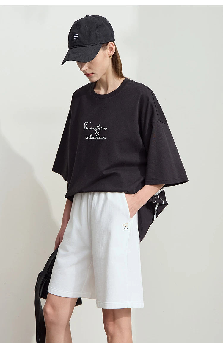 Damen T-Shirt aus ultraloch Stretch-Baumwolle mit Buchstaben-Bowknot-Aufdruck