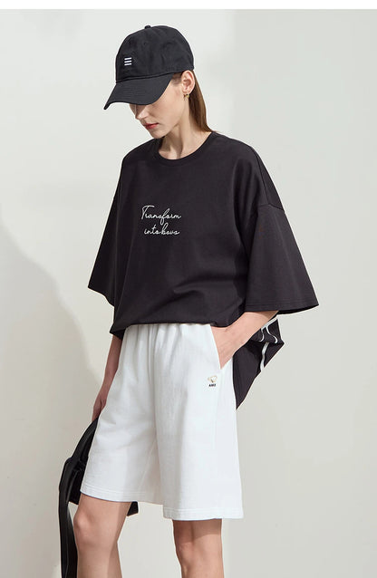 Damen T-Shirt aus ultraloch Stretch-Baumwolle mit Buchstaben-Bowknot-Aufdruck