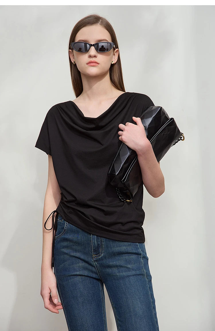 Damen T-Shirt aus Modal-Baumwolle mit kurzen Rotator-Ärmeln und Swing-Neck