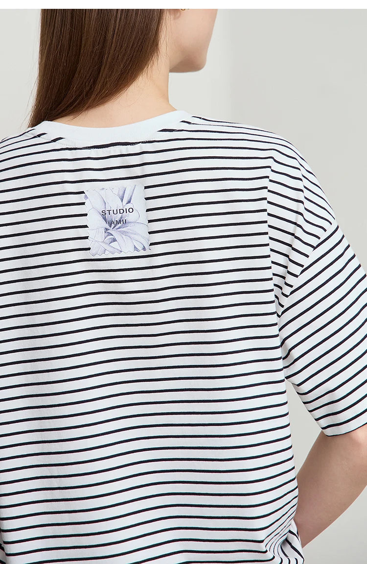 Damen T-Shirt aus reiner Baumwolle mit lässigem Streifenmuster und kurzen Ärmeln