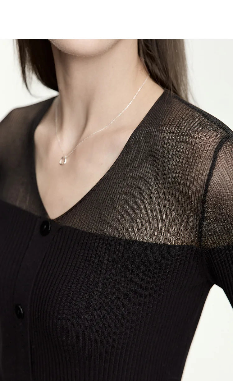 Damen V-Ausschnitt Pullover Viskose Mesh Organza Slim Frühling