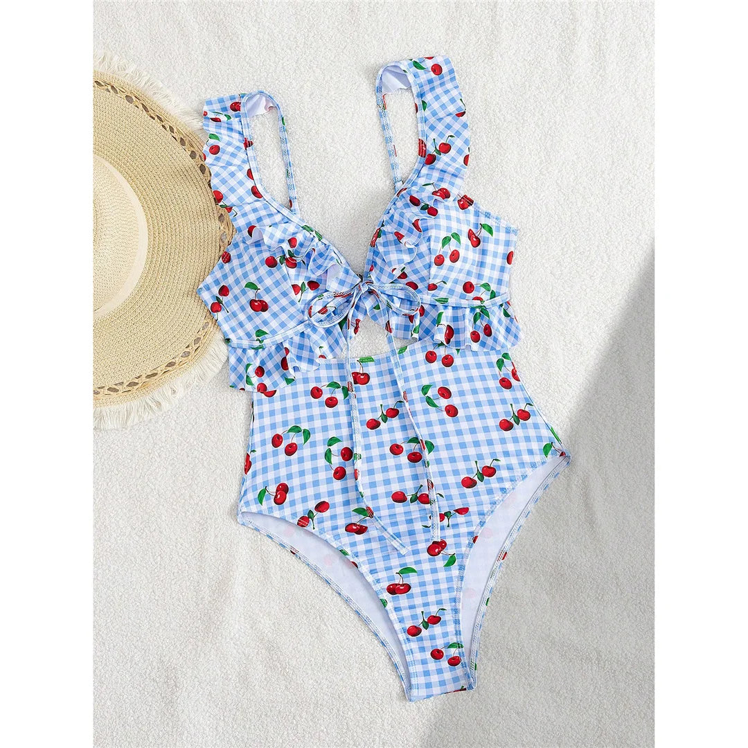 Damen Badeanzug Kirschen Karo Cut-Out Rüschen hoher Beinausschnitt Monokini
