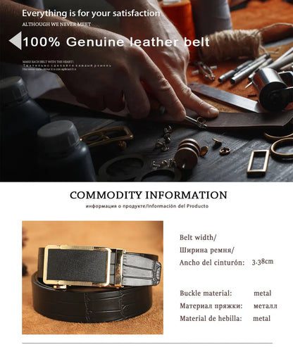 Herren Echtleder-Gürtel Krokodilmuster 3,5 cm Gold Automatik-Schnalle Rindsleder
