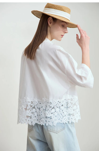 Damen Kurzarm Shirt mit drehbarem Kragen und solider Aushöhlung