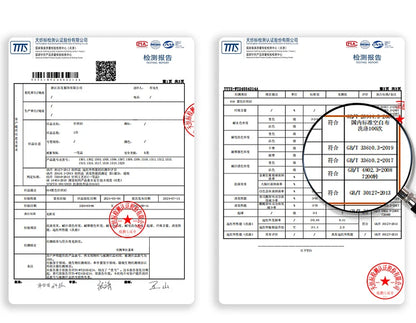 Prüfbericht-Urkunden für den Damenpullover, Dokumente mit Stempel und Tabellen