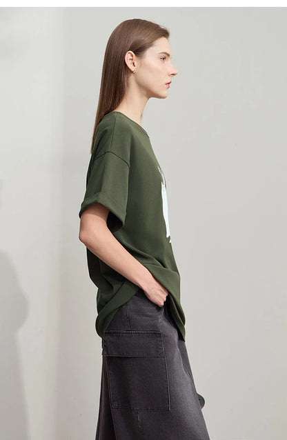 Damen Top im minimalistischen Stil mit O-Ausschnitt und bedrucktem Design