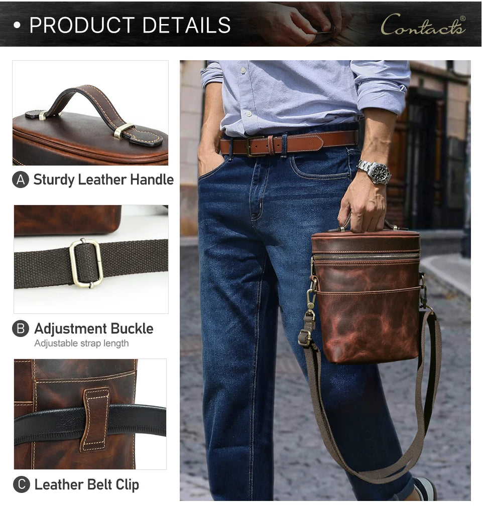 Braune Leder-Crossbodytasche am Mann: Tragegriff, verstellbare Schnalle und Gürtelclip