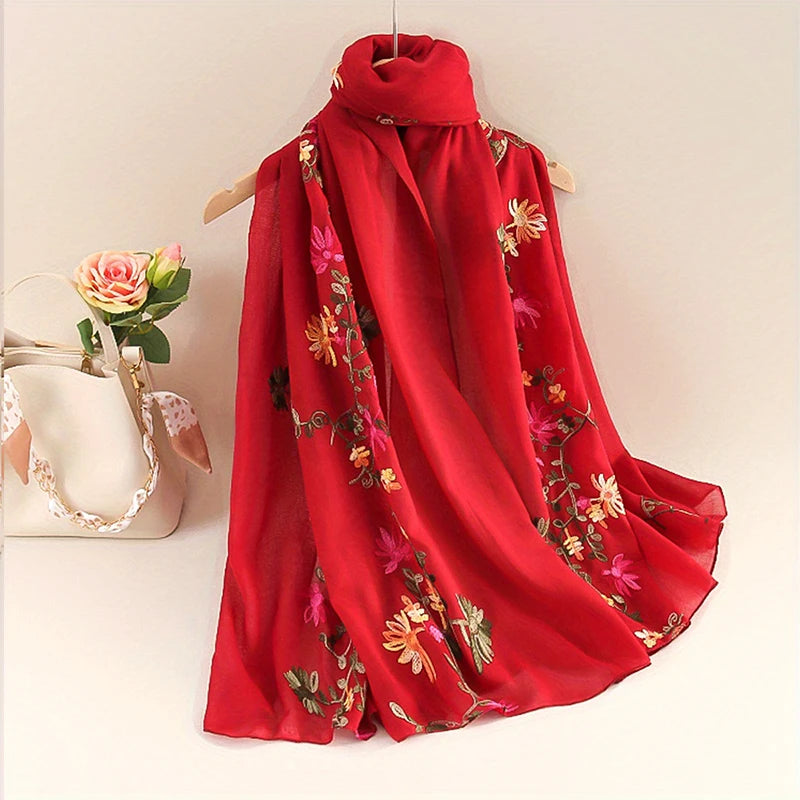 Damen Baumwoll Leinen Schal Farbverlauf Stickerei Bandana Hijab Sommer Sonnenschutz
