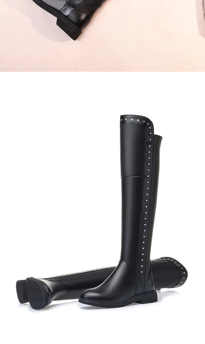 Over The Knee Boots Ladies Winter Wool Warm Genuine Leather Shiny Fashion Ladies Knee Boots Large Size Female Riding Boots
