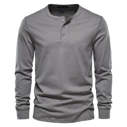 Herren Langarm T-Shirt mit Henley-Kragen im einfarbigen Casual-Stil