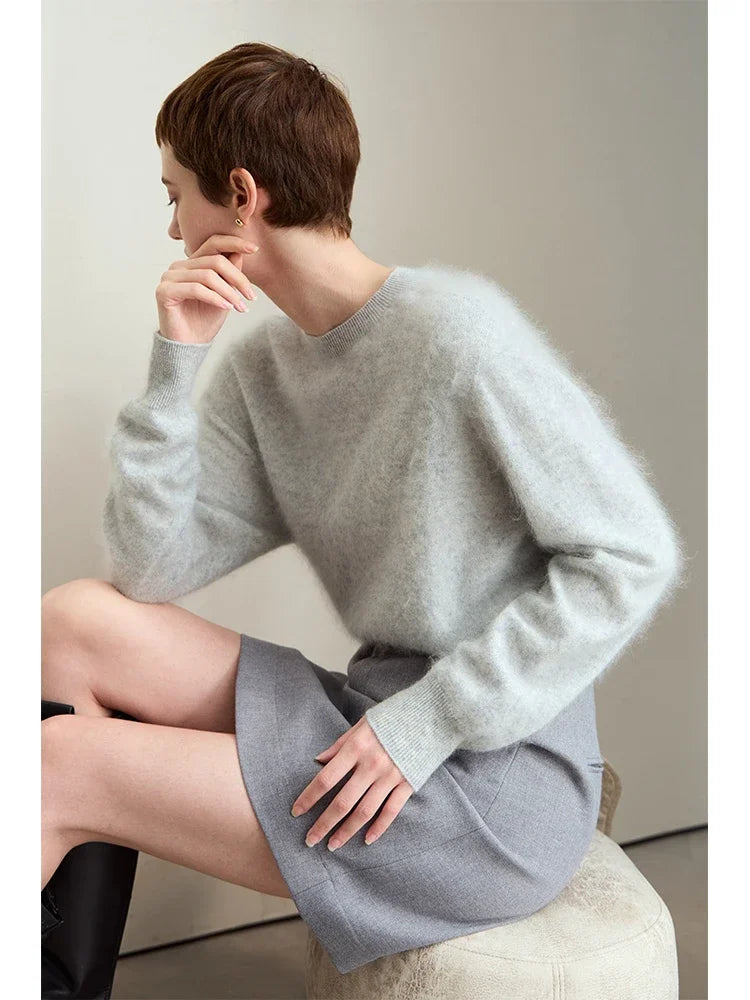 Damen-Kaschmirpullover mit O-Ausschnitt, lange Ärmel, hellgrau, lockere Passform