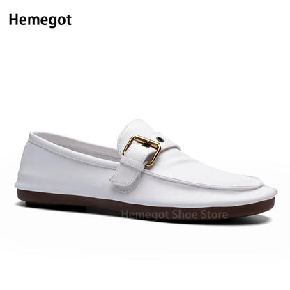 Herren-Slipper mit Schnallenriemen, weiße Lederschuhe, Seitenansicht