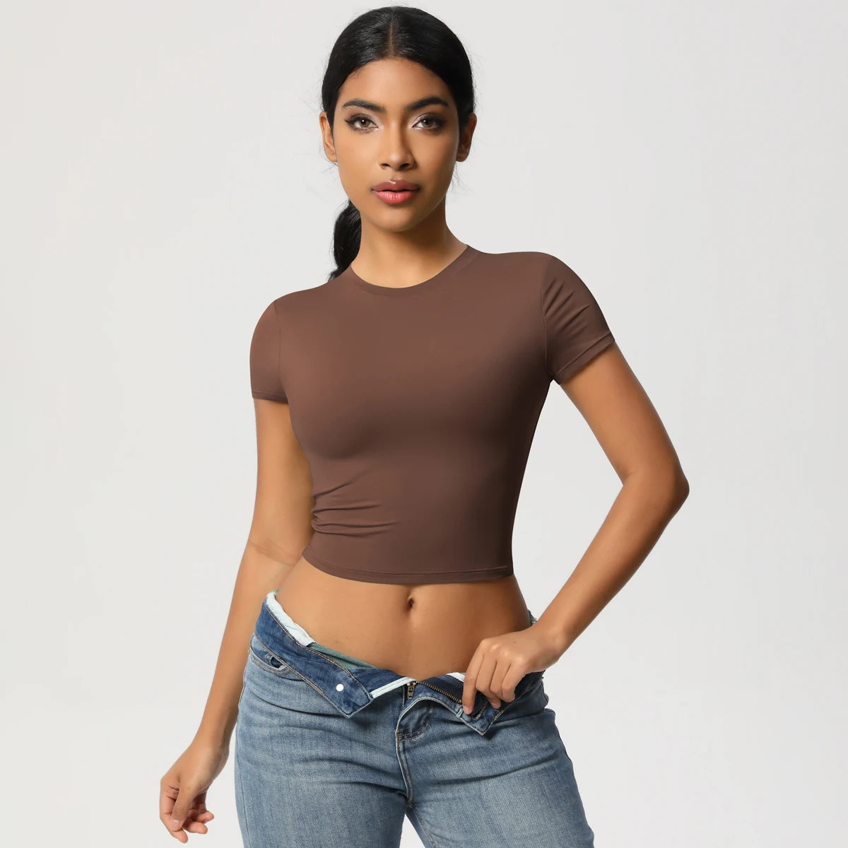 Yoga-Top für Damen, braun, eng anliegend, kurze Ärmel