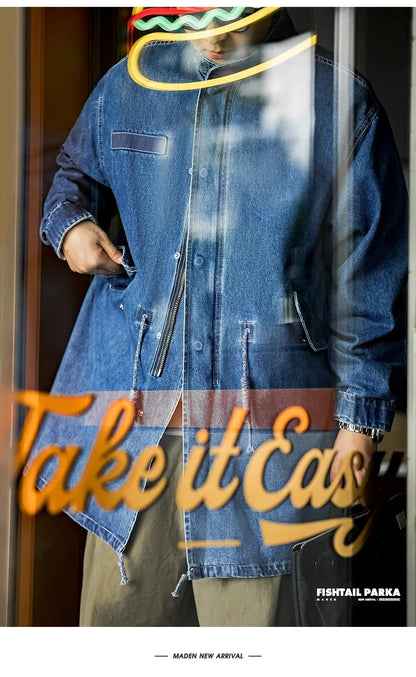 Retro M65 Denim Fischschwanz Trenchcoat – Stilvoller Lässiger Look