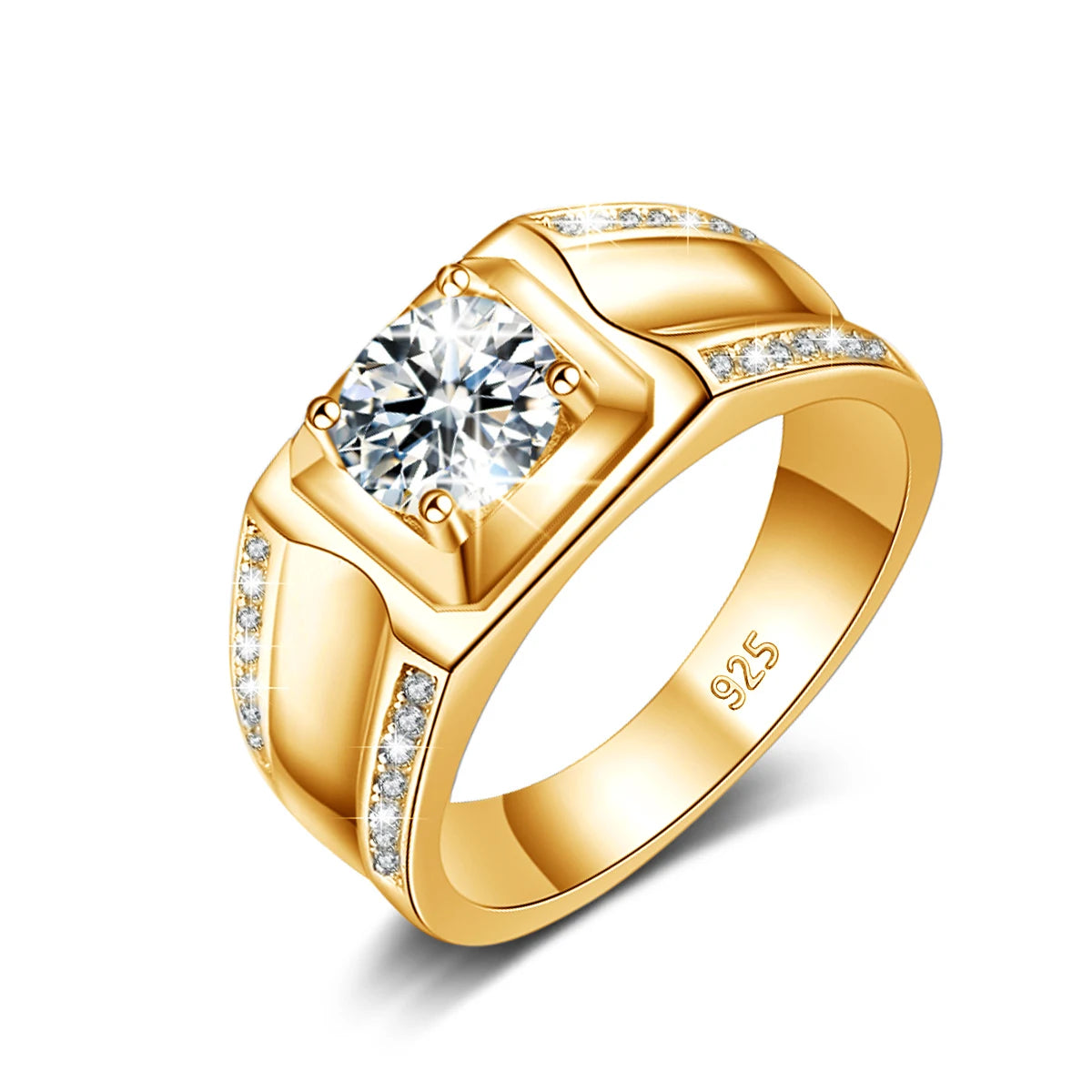Herren-Moissanit-Ring mit 18K-Gelbgold-Plattierung aus Sterlingsilber Modernes Design