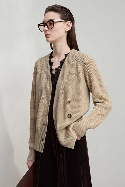 Damen-Strickjacke V-Ausschnitt Raglan asymmetrisch französisch locker Herbst