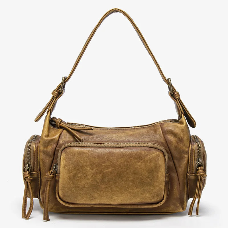 Damen-Hobo-Tasche aus Leder im Vintage-Look mit Mehrfach-Fächern und Tassel-Reißverschluss Alltagsbegleiter
