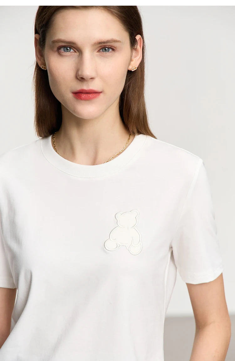 Damen Top im minimalistischen Stil mit Bären-Applikation und O-Ausschnitt